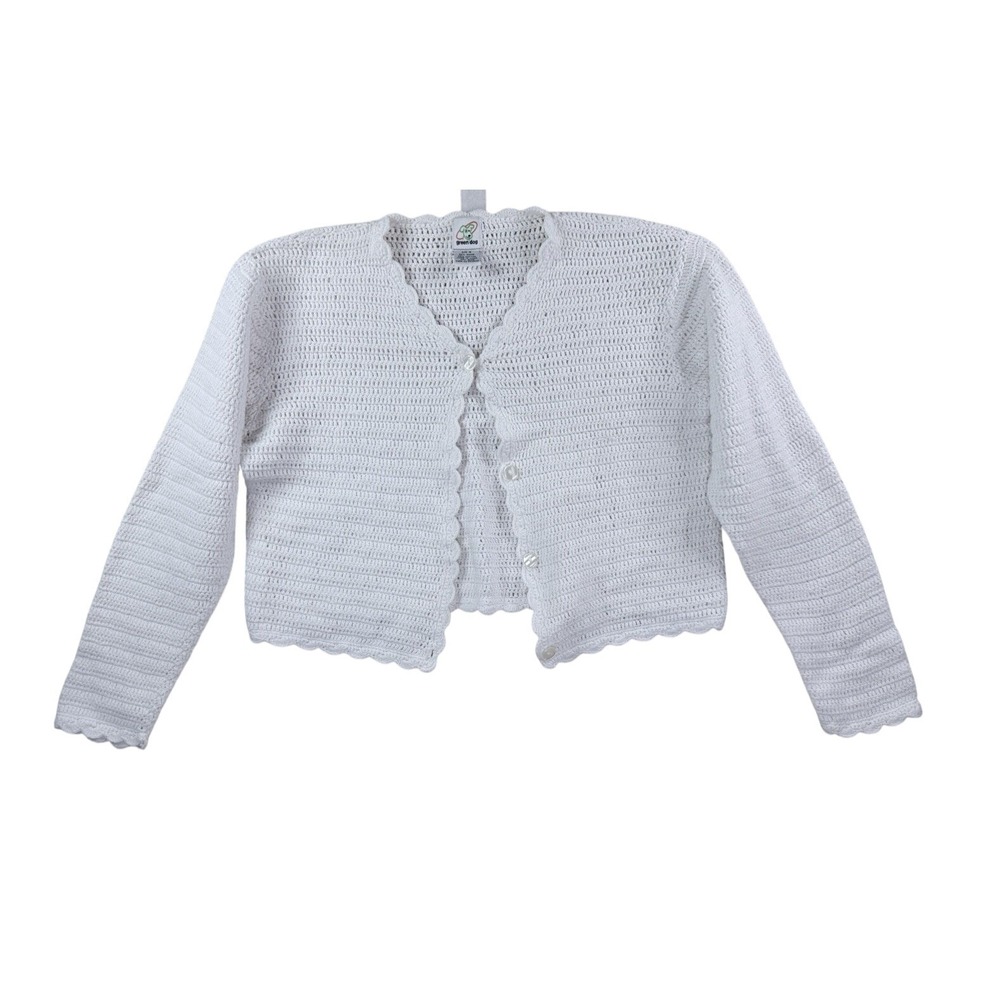 Green Dog Crochet Cardigan‎ Girls Size 16 White Good Scalloped Knit Sweater